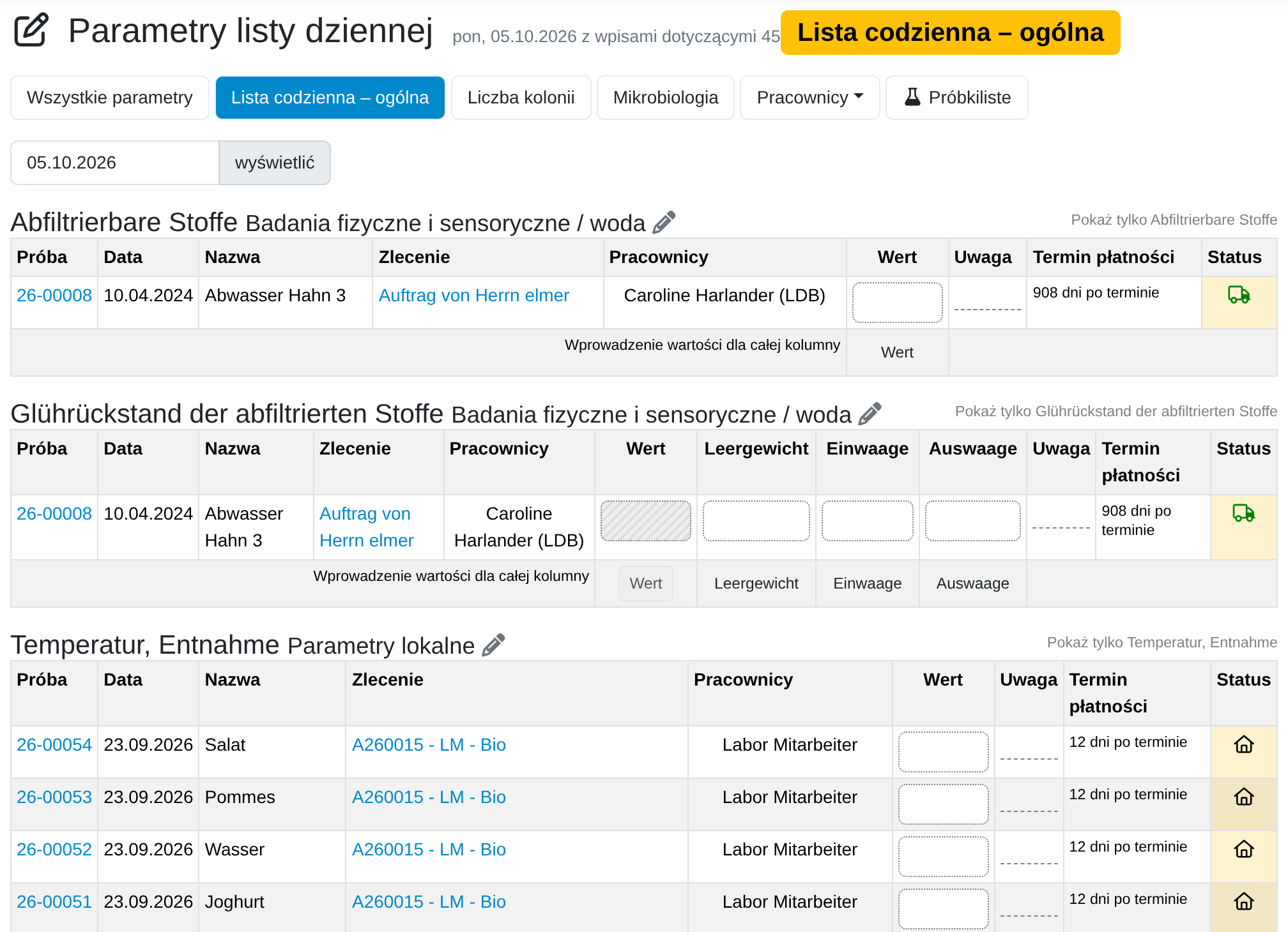 Listy dziennych zadań dotyczące współpracy w laboratorium z systemem LDB-LIMS