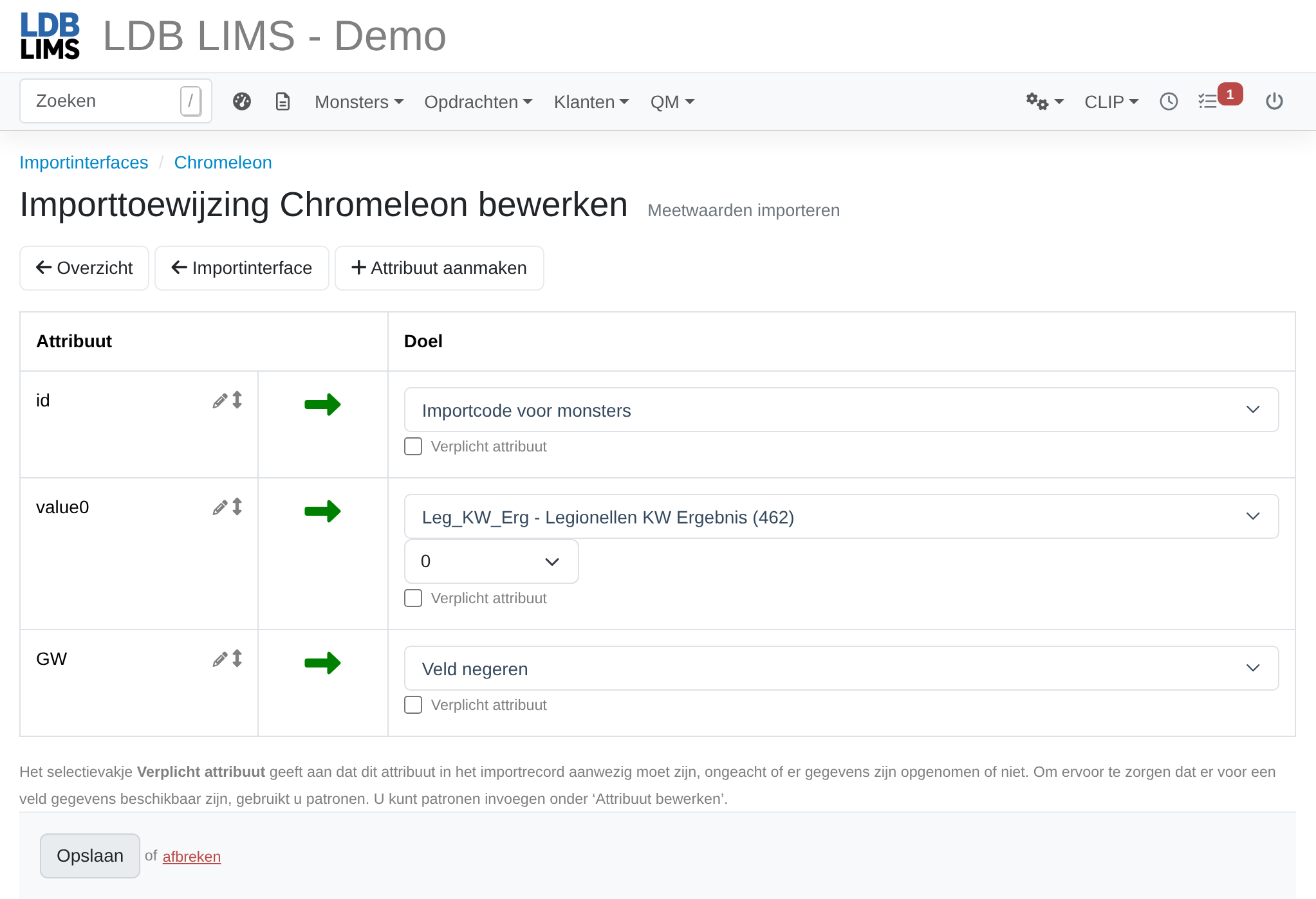 Screenshot: Importtoewijzing met attribuuttoewijzing