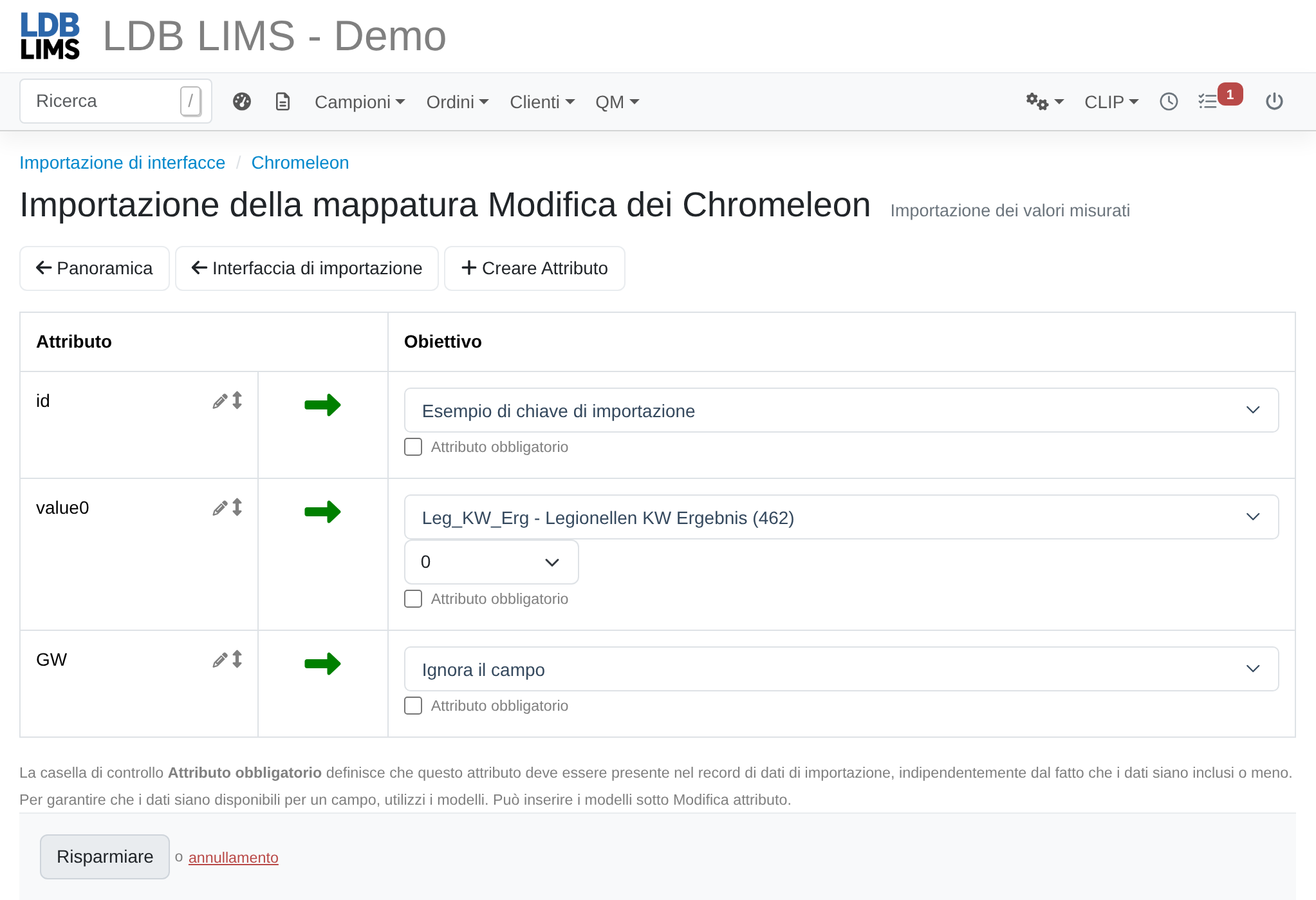 Schermata: mappatura delle importazioni con assegnazione degli attributi