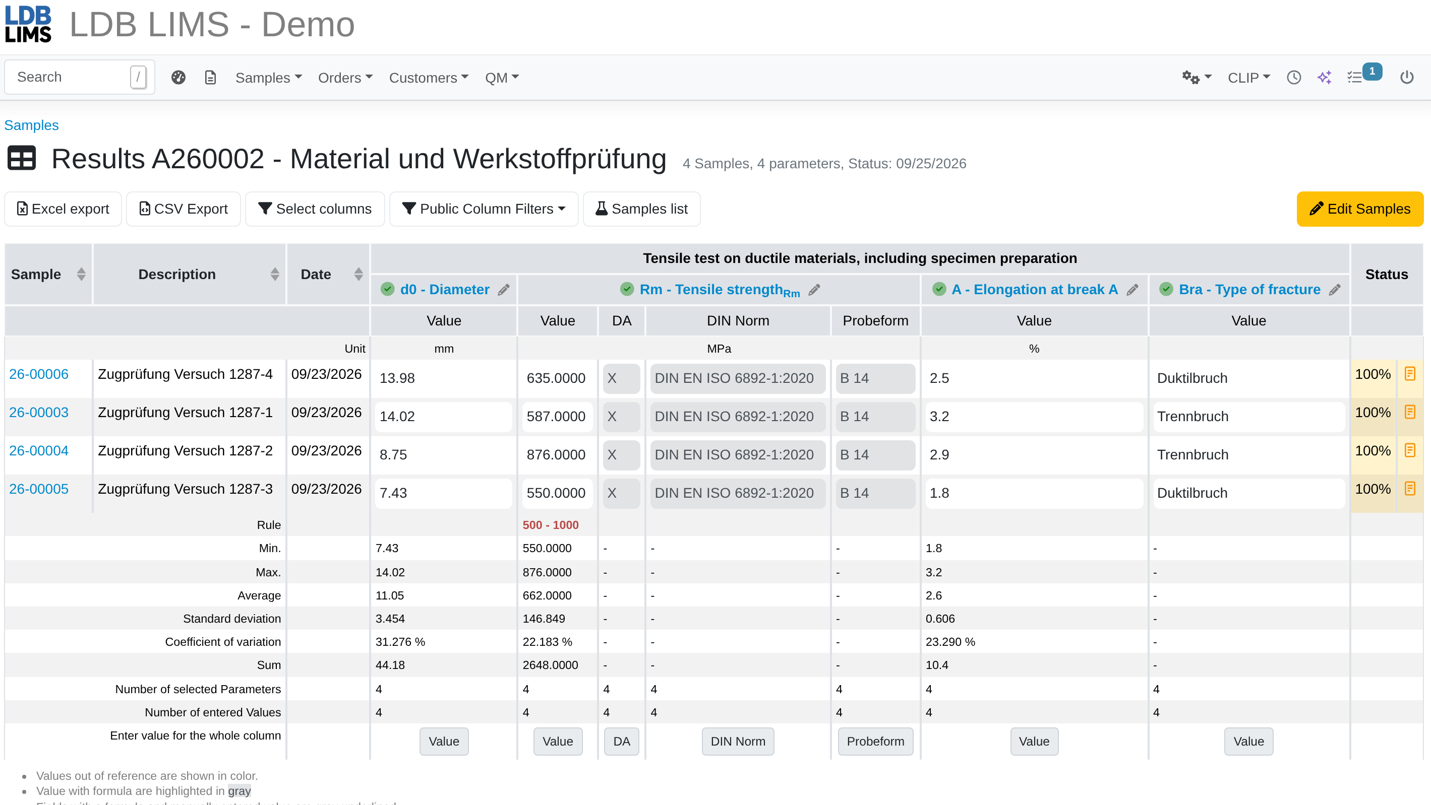 The screenshot shows the results table for a tensile test in the laboratory database, displaying the measured values for the specimens along with their statistical analysis.