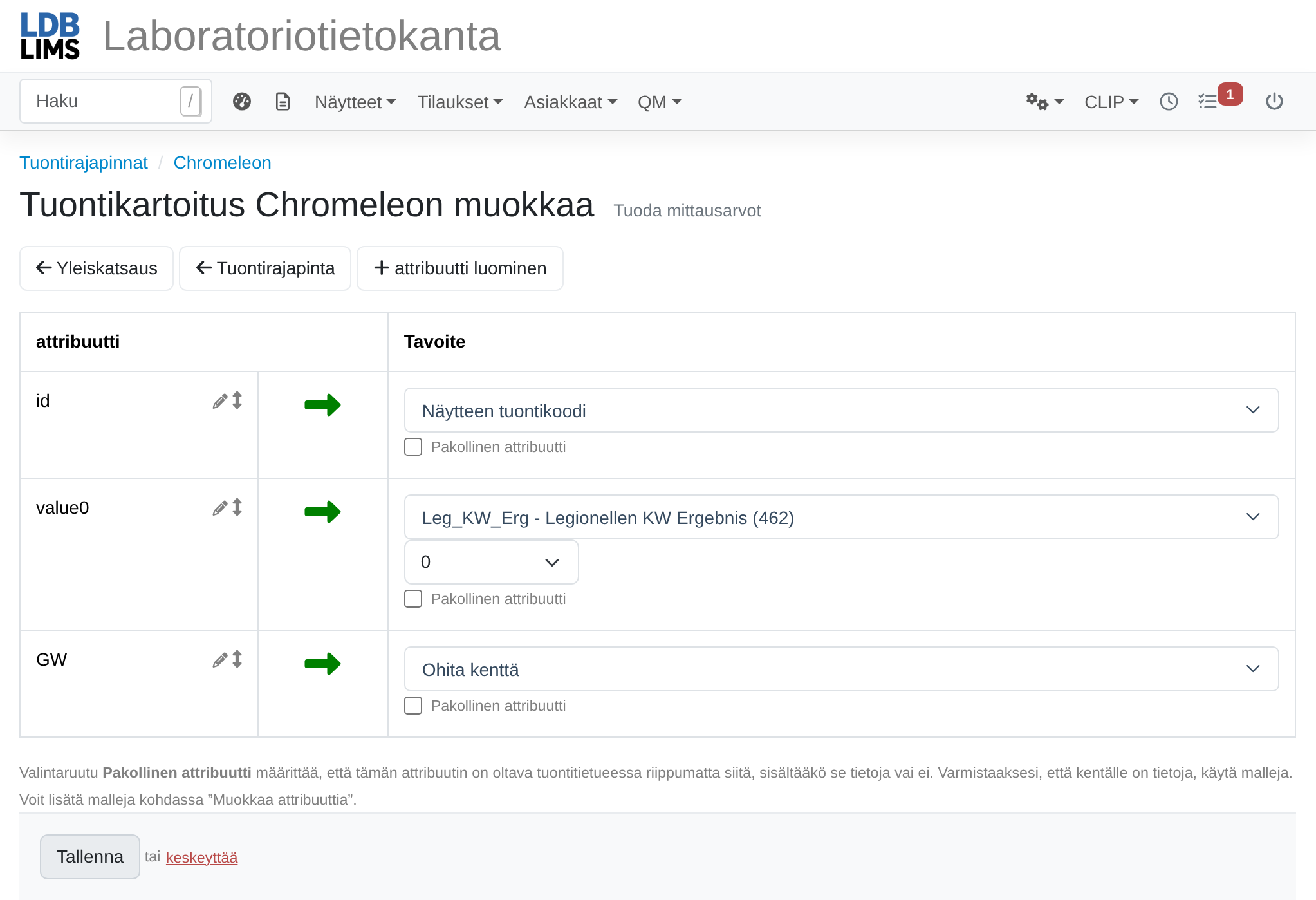Kuvakaappaus: Tuontikartoitus ja attribuuttien kohdistus