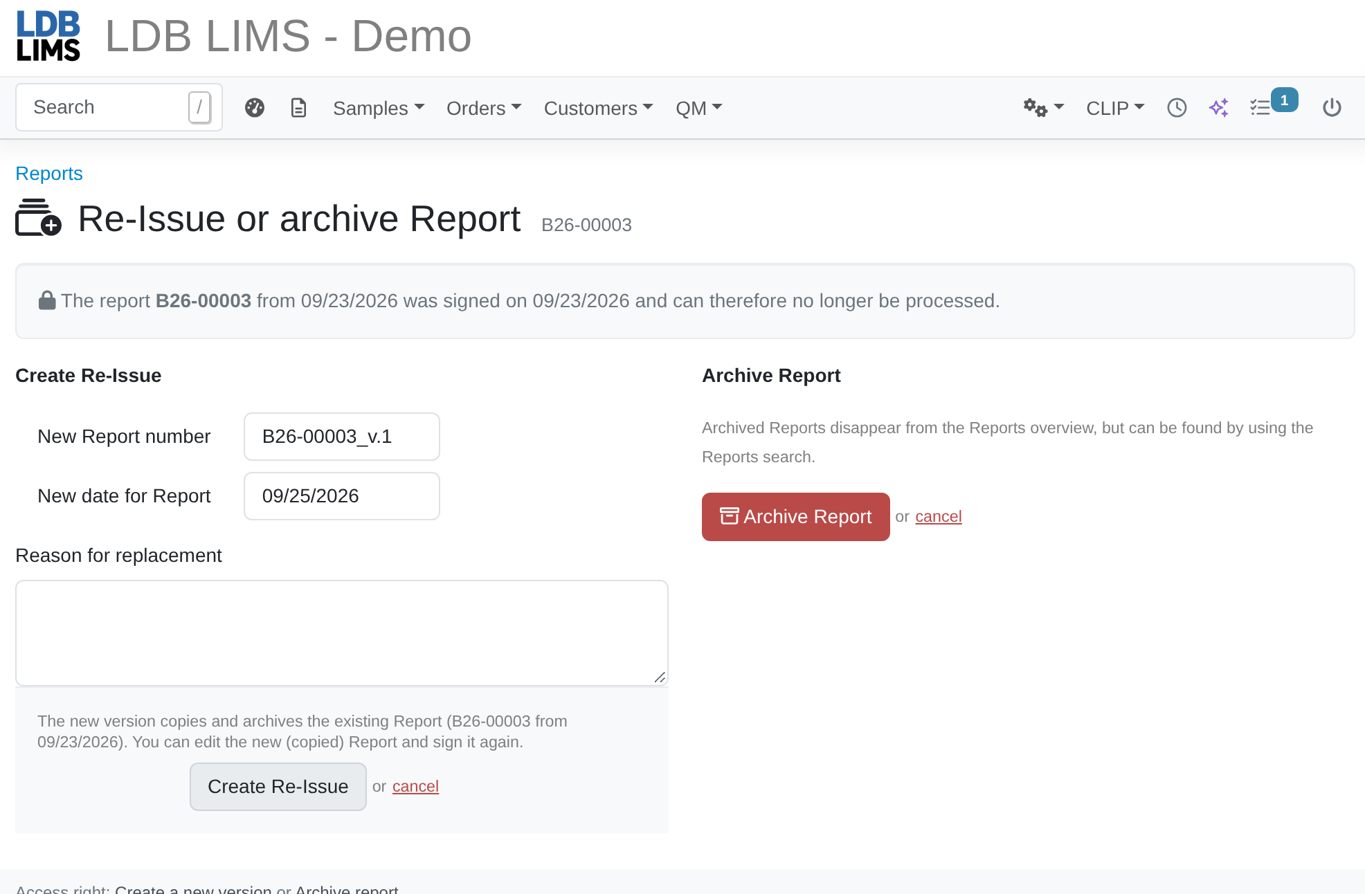 Reissuing a test report in LDB-LIMS
