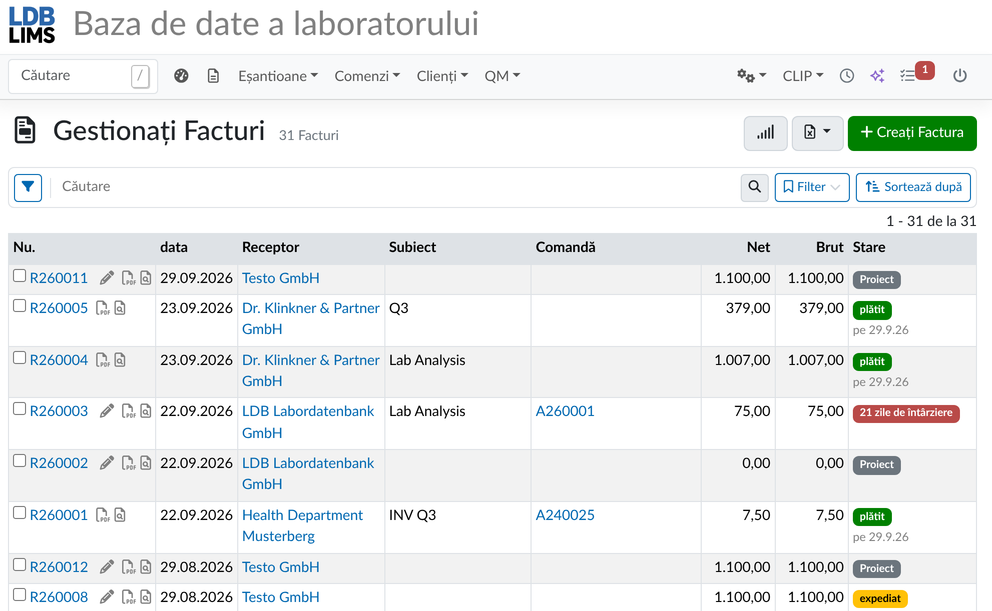 Prezentare generală a facturilor în LDB-LIMS