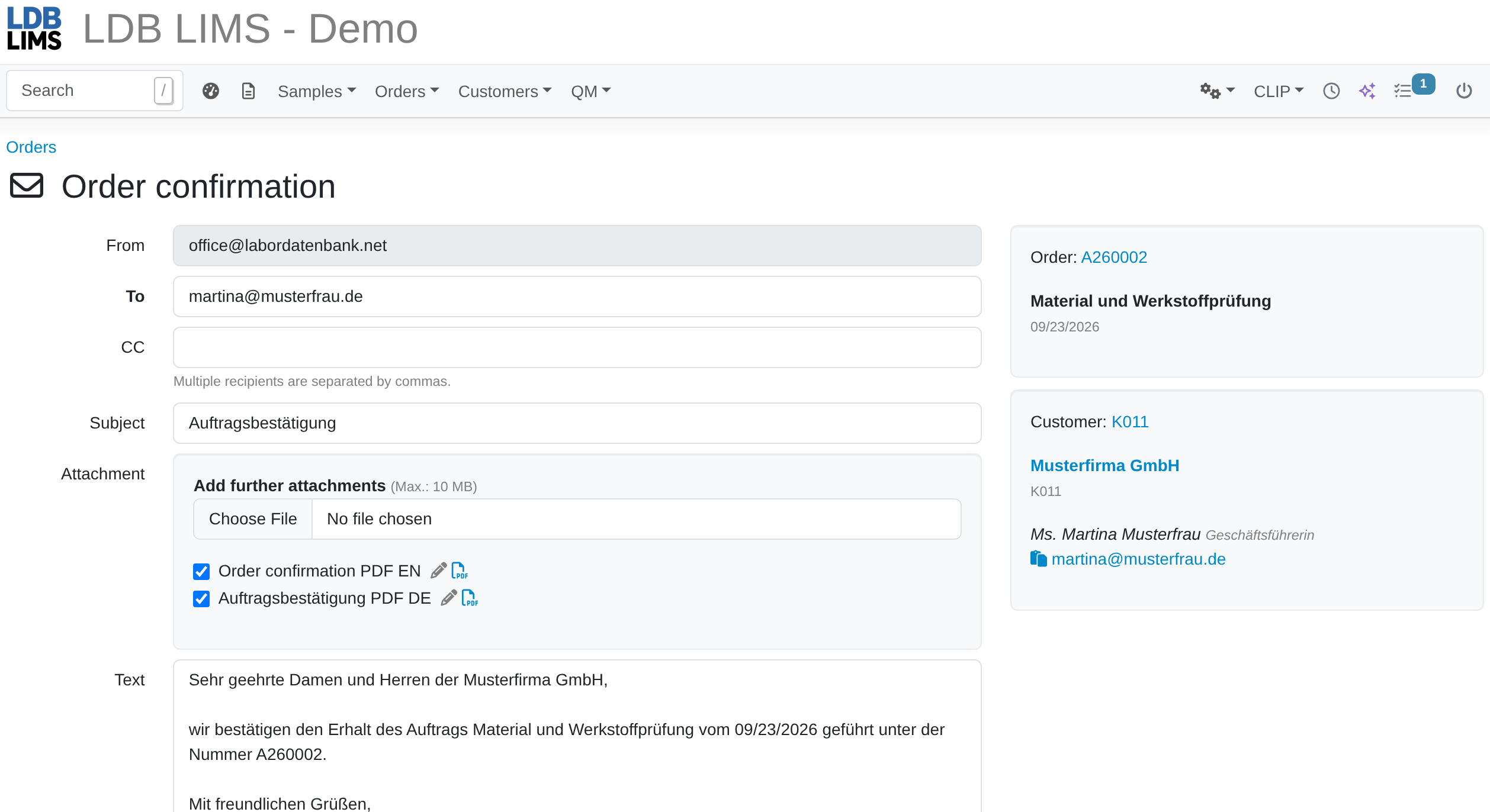 Order confirmation in LDB LIMS