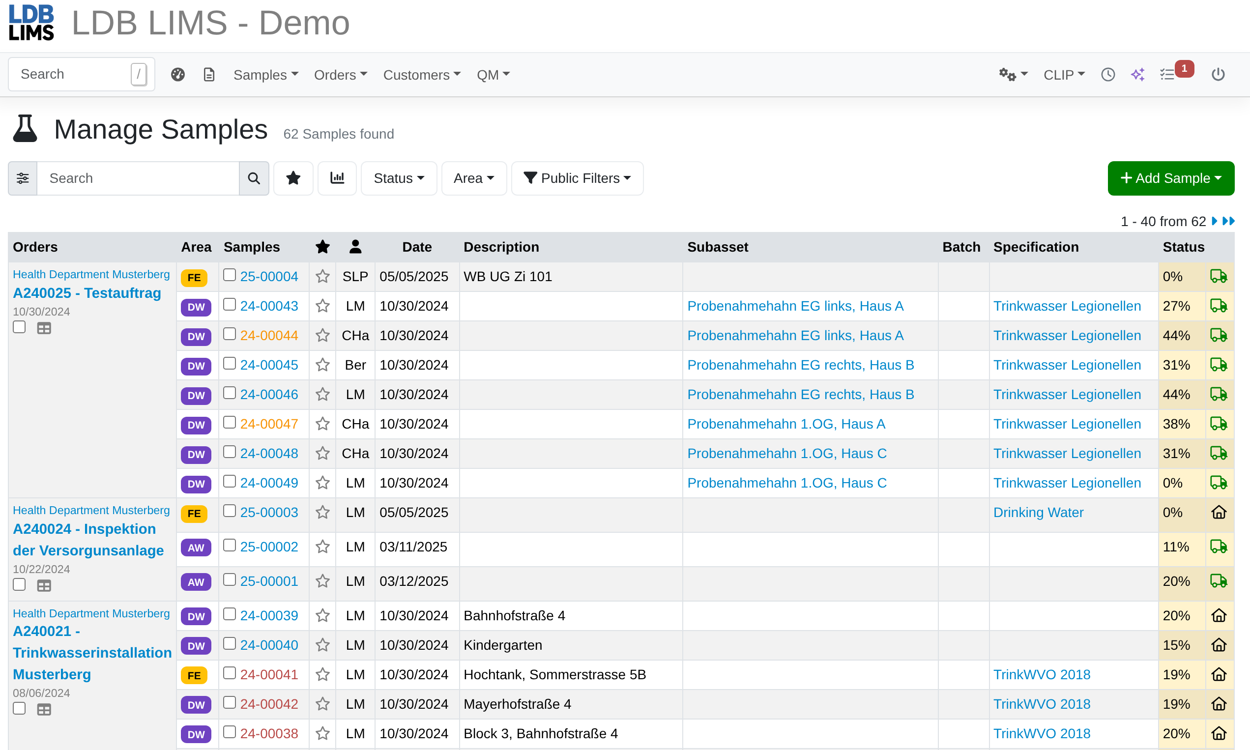 Manage samples in the LDB LIMS sample list